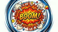 Comic book explosion with BOOM text in bright orange and red burst surrounded by motion lines and smoke clouds on white background.