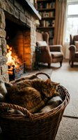 Cozy tabby cat sleeping peacefully in wicker basket by warm fireplace in comfortable living room with armchairs and bookshelves creating homely atmosphere.