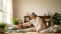 Senior woman in white robe practicing morning stretches on bed in sunlit bedroom with plants. Wellness routine for mature adults at home.