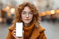 Young woman with curly red hair and glasses holding blank smartphone screen in orange sweater outdoors with bokeh lights background for mockup design.
