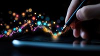 Colorful glowing financial chart wave with bokeh effect on dark background. Hand with stylus pen working on digital tablet screen for stock market analysis.