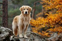Golden retriever dog standing on rock in autumn forest with vibrant orange foliage background, showcasing pet photography in natural setting.