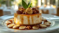 Caramel banana cheesecake topped with fresh banana slices, pecans and mint garnish on white plate, drizzled with golden caramel sauce, restaurant setting.