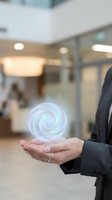 Businesswoman holding glowing holographic spiral energy symbol in modern office environment representing innovation and digital transformation.