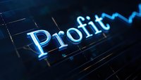 Glowing blue profit text on dark background with rising financial chart line, representing business growth and financial success in modern digital style.
