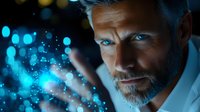 Mature bearded Caucasian man in white shirt examining glowing blue holographic interface, dramatic lighting creates futuristic atmosphere for technology concept.