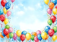 Colorful balloons and confetti frame a light blue watercolor background with copy space, suitable for birthday, celebration, and party event designs.