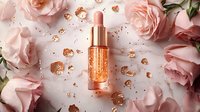 Luxury serum bottle with gold particles surrounded by delicate pink roses on light background. Cosmetic product flatlay with glowing elements and floral decor.