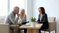 Senior couple meeting with female financial advisor in modern office setting for investment consultation and retirement planning.