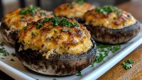 Large portobello mushrooms stuffed with creamy cheese mixture and baked until golden brown, garnished with fresh herbs on white ceramic plate, close up food photography.