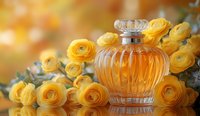 Elegant glass perfume bottle surrounded by fresh yellow ranunculus flowers on reflective surface with soft bokeh background creates luxurious beauty composition.