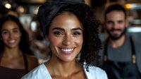 Young African American woman with curly hair and bright smile in casual white top against blurred cafe background with diverse coworkers, expressing joy and confidence.