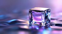 Melting ice cube with vibrant purple and blue light reflections on wet surface creates dramatic macro photography effect for beverage and cooling concepts.