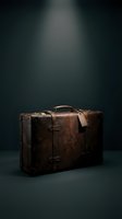 Vintage worn brown leather suitcase with brass hardware and luggage tag, dramatically lit against dark background, evoking nostalgia and adventure.