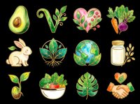 Vegan and eco lifestyle clipart set with avocado, rabbit, earth, salad, leaf, and handshake icons, isolated on transparent background, ready for stickers and print on demand.
