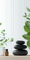 Balanced black spa stones with essential oil bottle and green plants against white curtain background. Minimalist wellness concept for relaxation.
