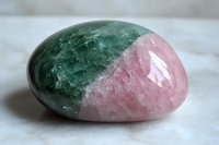 Polished watermelon tourmaline crystal specimen displaying vibrant pink and green color zones on white background, showcasing natural mineral formation and healing properties.