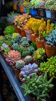 Diverse collection of potted succulents and cacti in terracotta pots displaying vibrant colors from pink to blue-green, arranged on garden center shelves.