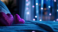 Glittering purple heart decorations on blue textile with soft bokeh lights creating romantic atmosphere for Valentine's Day celebration.