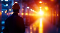 Silhouette of person wearing winter hat against blurred urban night lights and warm glowing street lamp creating atmospheric moody evening cityscape.
