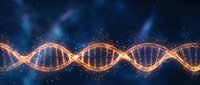 Glowing orange DNA double helix strand on dark blue background, representing genetics, biotechnology, and molecular biology research.