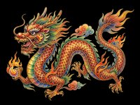 Colorful Asian dragon with flowing mane, scaled body, and ornate details in red, gold, and green. Isolated on transparent background, ready for t-shirts, clipart, stickers, and print-on-demand designs.