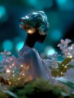 Silhouette of woman with glowing turquoise hair wearing headphones among magical illuminated flowers and bokeh lights in dreamy fantasy garden setting.