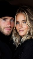 Close-up portrait of young couple with blue eyes and blonde hair wearing black winter clothing against dark background, conveying intimacy and connection.
