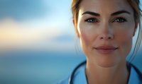 Close up portrait of confident female medical professional with blue eyes and gentle smile against blurred blue background, wearing scrubs and stethoscope.