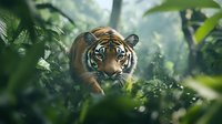 Majestic Bengal tiger prowling through lush green jungle foliage, intense gaze focused ahead as it stalks through misty tropical forest environment.