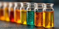 Laboratory glass bottles filled with colorful chemical solutions arranged in row for scientific research and experimentation in modern lab setting.