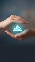Two hands cradling glowing iceberg hologram against dark background. Concept for renewable energy, sustainability, climate change awareness, and environmental protection initiatives.