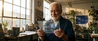 Cheerful elderly Caucasian man with gray beard enjoying morning coffee in cozy kitchen with large windows and warm natural lighting for lifestyle content.