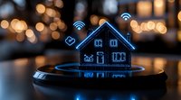 Glowing blue neon smart home hologram with wifi and IoT icons floating above dark surface against blurred bokeh lights background, modern technology concept.