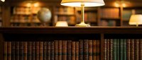 Vintage library interior with antique leather-bound books on wooden shelves under warm lamp lighting creating cozy academic atmosphere for reading and study.