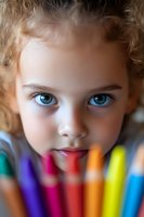 Close up portrait of young child with bright blue eyes looking over colorful art pencils, capturing innocence and creativity in soft natural lighting.