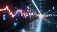 Financial market data visualization with glowing pink and blue charts on dark reflective surface showing stock price movements and dollar symbol in futuristic trading environment.