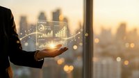 Businesswoman holding digital financial charts and graphs with cityscape at sunset, representing data analysis, investment growth, and corporate strategy for business presentations.