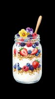 Layered yogurt parfait with fresh berries, granola, and edible flowers in glass jar with wooden spoon, isolated on transparent background. Ready for t-shirt designs, clipart, stickers, and print-on-demand products.