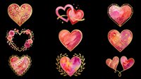 Watercolor hearts collection with floral wreaths and gold accents, isolated on transparent background. Ready for t-shirt designs, clipart, stickers, sublimation, print-on-demand products and digital crafts.