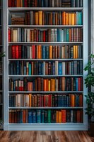 Vintage hardcover books arranged on gray wooden bookshelf with colorful spines in red, blue, orange and green tones, decorative indoor plants on wooden floor.