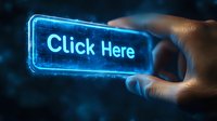 Glowing blue neon click here button with human finger touching virtual interface against dark background, futuristic technology concept for web design.