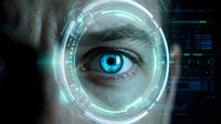 Close-up of human eye with glowing blue iris surrounded by digital holographic interface and tech data visualization for biometric security and futuristic technology concepts.