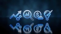 Business growth strategy icons with upward arrow, analytics chart, dollar sign and lightbulb on dark blue background for corporate presentations.