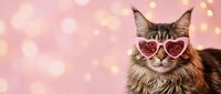 Adorable Maine Coon cat wearing heart-shaped sunglasses on pink bokeh background with warm lights for Valentine's Day celebration and romantic themes.