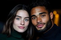 Young diverse couple in love sharing intimate moment together with warm bokeh lights background for romantic lifestyle content.