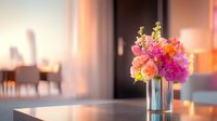 Vibrant mixed flower bouquet in glass vase on modern table with warm sunset lighting and city skyline view through windows creating elegant interior.