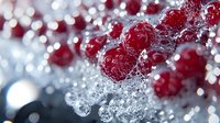 Fresh red raspberries in sparkling water with bubbles and splashes creating dynamic motion effect against blurred background. Macro food photography.