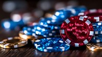 Casino poker chips stacked on reflective surface with red and blue tokens in dramatic lighting, creating atmosphere of luxury gambling and entertainment.