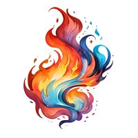 Abstract flame shape in vibrant gradient colors from fiery orange to cool blue, with flowing curved lines and dynamic swirls on white background, isolated design element.